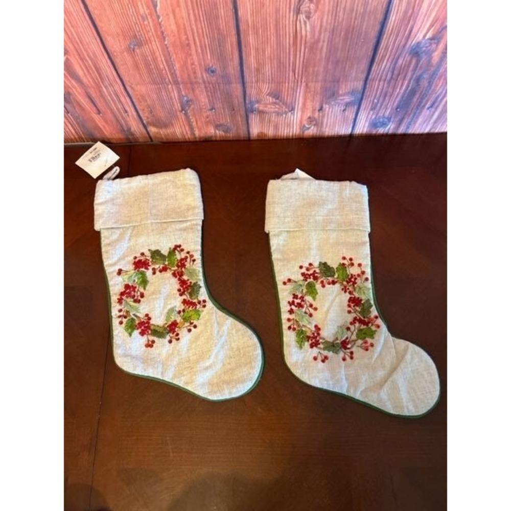 C&F Home Set Of 2 Christmas Stockings With Embroidered Holly Berry Wreath Design